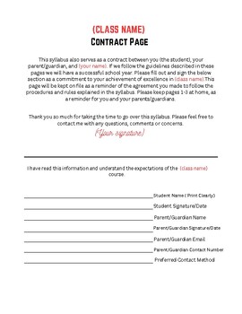 Preview of Syllabus Contract/Parent Contact Page