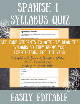 Preview of Syllabus Quiz|Student Assignment|Paired with Syllabus Spanish 1|Google Form