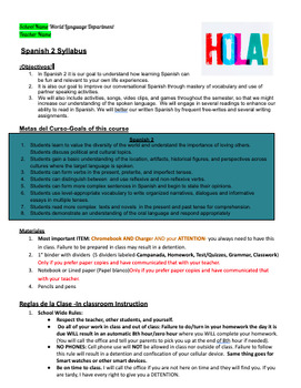 Preview of Syllabus Spanish 2|CI|Syllabi|Objectives|Goals|Editable