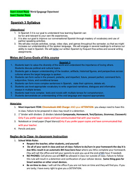 Preview of Syllabus Spanish 3|Paired with CI Curriculum|Syllabi|Objectives|Editable