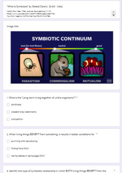 Preview of Symbiotic Relationships Google Form Video Symbiosis Activity 