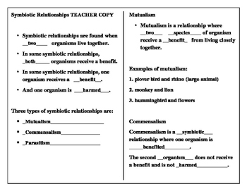 Symbiotic Relationships student worksheet to match power point | TpT