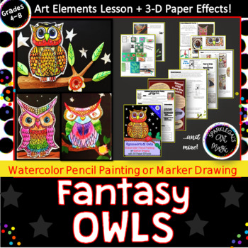 Preview of  Fantasy Owls - Marker & Watercolor Drawing: Middle School Craft Art Lesson