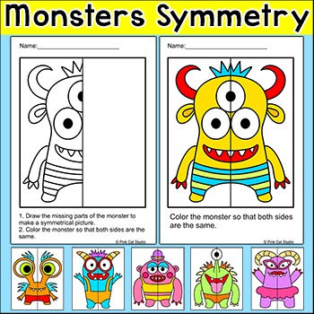 Preview of Monsters Lines of Symmetry Drawing Activity - Fun End of Year Math Art Center