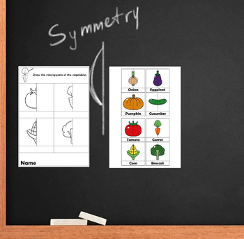 Preview of Symmetry of vegetables. Symmetry practice worksheets and coloring pages