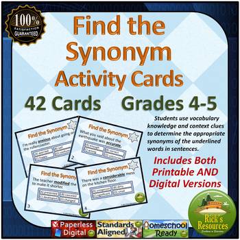 Preview of Synonym Cards - Print and Boom Cards™ Versions - Distance Learning