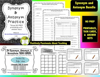 Preview of Synonym & Antonym Bundle: Practice Printables and Task Cards