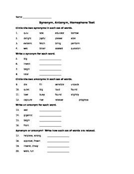 Synonym, Antonym, Homophone Worksheet by Fifth Grade Under the Elm