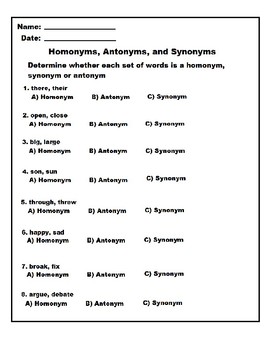 Synonym Homonym Antonym Quiz by faith mclean | Teachers Pay Teachers