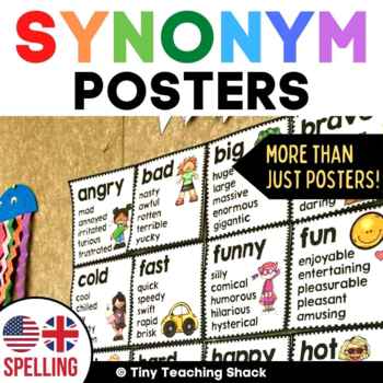 Preview of Synonym Posters for Classroom Decor -Writing Vocab Support -USA and UK spelling