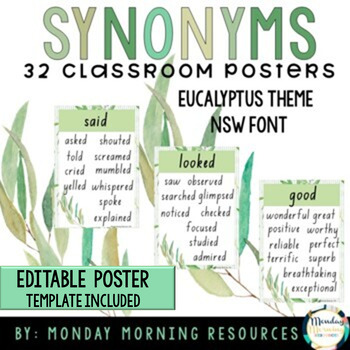 Preview of Synonym Posters Pack - Eucalyptus Theme Word Wall - NSW FONT - EDITABLE