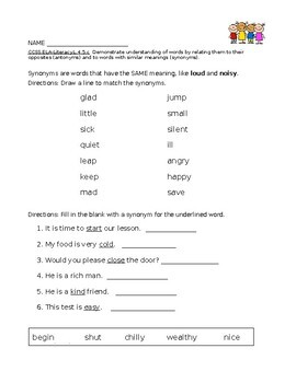 Synonym Worksheet By Miss Miller Makes A Difference Tpt