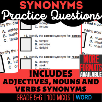 Preview of Synonym Worksheets Nouns, Verbs, Adjectives in Synonyms 5th-6th Grade (Word)