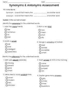 Synonym and Antonym Assessment by Montessori Collective | TPT