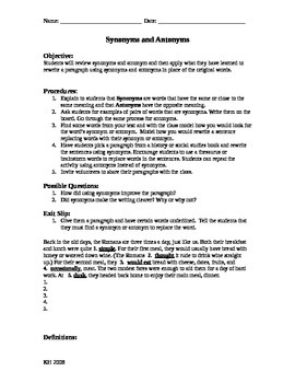 Synonyms and Antonyms Lesson Plan, PDF, Worksheet