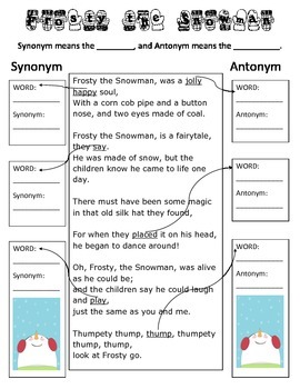 Preview of Synonym and Antonym Practice- Frosty the Snowman