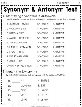 Synonym and Antonym Test (2-Page Synonyms and Antonyms Quiz) | TpT