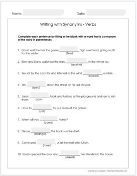 Synonyms Worksheets Nouns, Verbs, Adjectives Synonym Worksheets Grade 3-4  (Word)