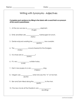 synonyms adjectives verbs nouns adverbs 9 worksheets grades 4