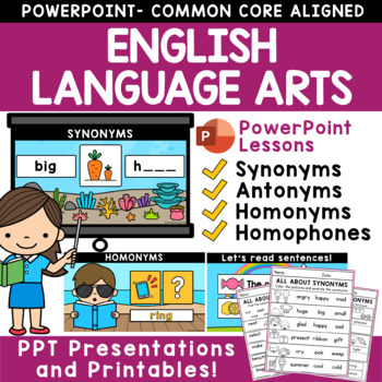 Preview of Synonyms Antonyms Homonyms Homophones PowerPoint and ELA Worksheets