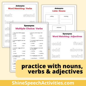 Synonyms Worksheets Nouns, Verbs, Adjectives Synonym