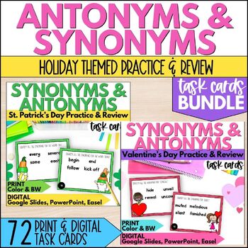 Preview of Synonyms & Antonyms Task Cards - Valentine's & St. Patrick's Vocabulary Practice