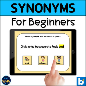 Preview of Synonyms with Pictures Beginner Level Vocabulary Speech Therapy BOOM ™ Cards