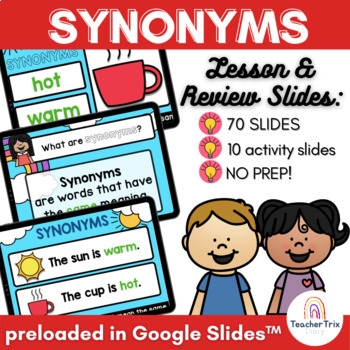 Preview of Synonyms Digital Lesson, Review and Activity Presentation in Google Slides