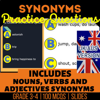 Preview of Synonyms Editable Presentations: Nouns, Verbs, Adjectives UK/AUS Spelling