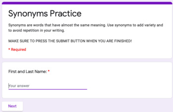 Synonyms Google Form Digital Learning By Reincke S Education Store