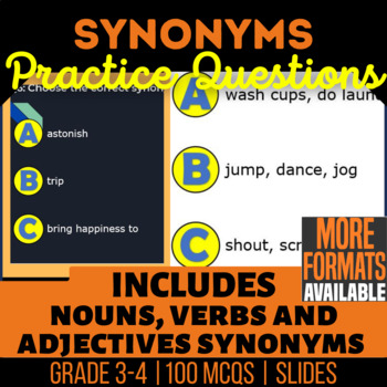 Preview of Synonyms Google Slides | Nouns Verbs Adjectives | 3rd-4th Grade Digital Resource