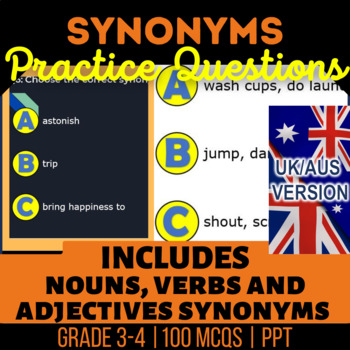 Preview of Synonyms Interactive Review Pack Nouns, Verbs, Adjectives UK/AUS Spelling