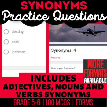 Preview of Synonyms Language Arts Homework | Nouns Verbs Adjectives | Google Forms