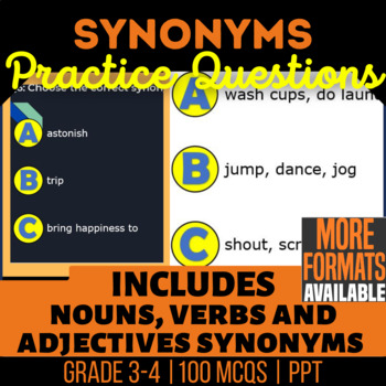 Preview of Synonyms PowerPoints Nouns Verbs Adjectives Multiple Choice Questions Grade 3-4