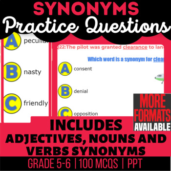 Preview of Synonyms PowerPoints Nouns Verbs Adjectives Multiple Choice Questions Grade 5-6