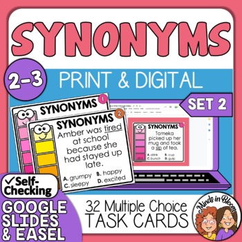 Preview of Synonyms Task Cards: Grades 2-3 Set 2 | Vocabulary Practice | Print & Digital