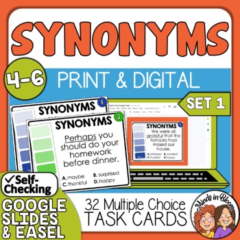 Preview of Synonyms Task Cards: Grades 4-6 Set 1 | Vocabulary Practice | Print & Digital