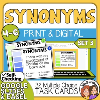 Preview of Synonyms Task Cards: Grades 4-6 Set 3 | Vocabulary Practice | Print & Digital