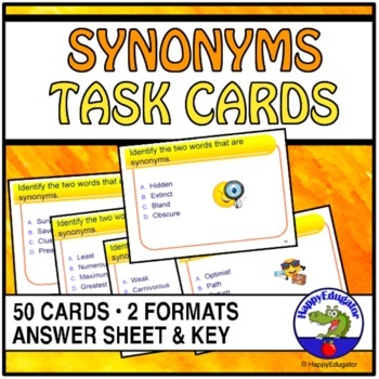 Preview of Synonyms Task Cards - 50 Multiple Choice Vocabulary Set with Easel Assessment