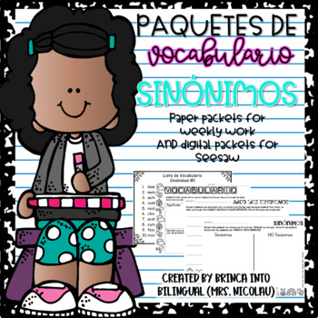Lo anterior Detener Espolvorear Synonyms Vocabulary Packet in SPANISH Paquete de Sinonimos Distance Learning
