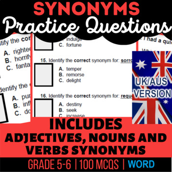 Preview of Synonyms Workbook Nouns, Verbs, Adjectives UK/AUS Spelling Year 6-7