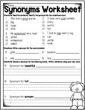 Synonym Worksheet - error, picked, grinned, tune, saved, late and adore