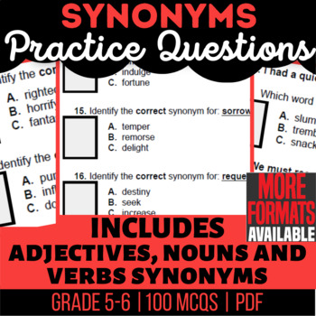 Preview of Synonyms Worksheets | Nouns Verbs Adjectives | 5th and 6th Grade