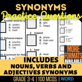 Preview of Synonyms Worksheets Nouns, Verbs, Adjectives Synonym Worksheets Grade 3-4 (Word)