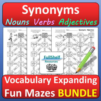 Preview of Synonyms Worksheets Nouns Verbs and Adjectives Mazes Activities NO PREP BUNDLE