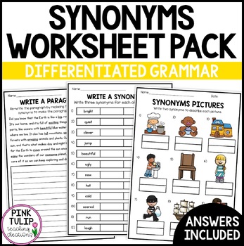 Preview of Synonyms Worksheet Pack - No Prep Printables with Answers