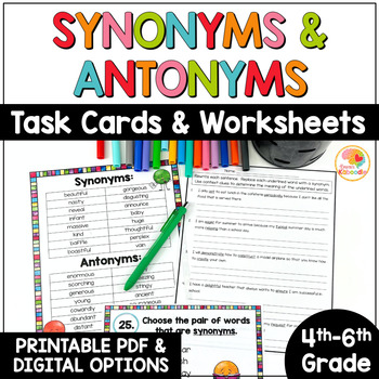 Preview of Synonyms and Antonyms Worksheets, Task Cards, and Anchor Charts Activities