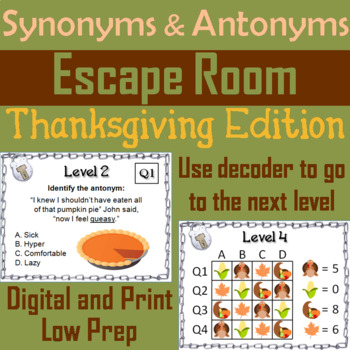 Preview of Synonyms and Antonyms Activity: Thanksgiving Escape Room ELA