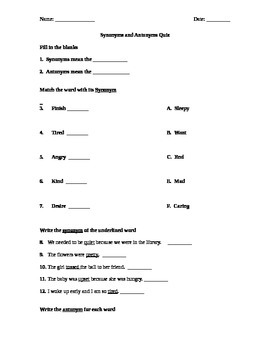 Preview of Synonyms and Antonyms Assessment (Quiz)