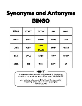 Synonym Antonym Bingo